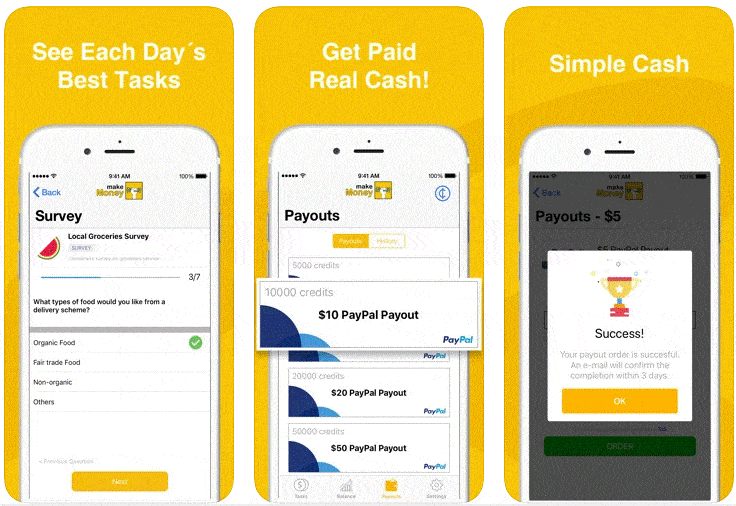 Telas do app Make Money para ganhar dinheiro jogando