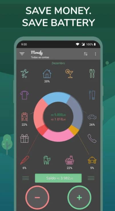 As principais telas do aplicativo Monefy para controle financeiro são em português