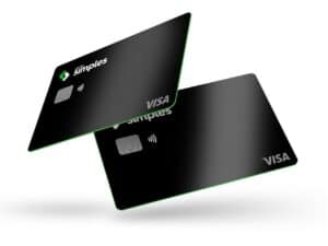 Imagem de dois cartões pretos e com as bordas verdes da Conta Simples