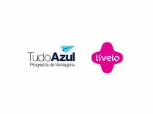 Logo da Livelo e do TudoAzul, representando Livelo dá até 100% de bônus.
