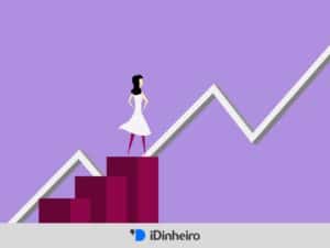 desenho de uma mulher no topo de 3 degraus encarando uma linha de tendência de alta, representando o mercado financeiro para iniciantes