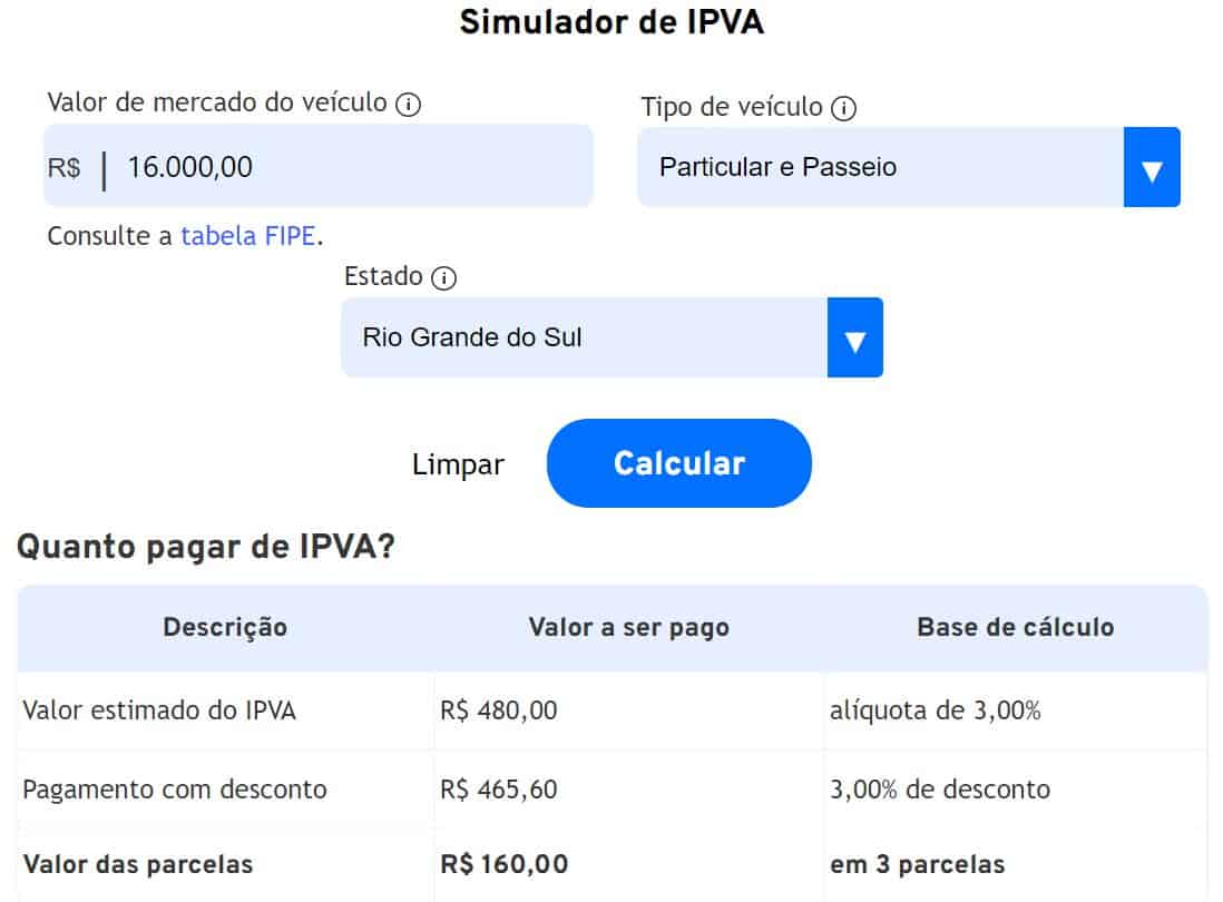 exemplo de uso do simulador de IPVA