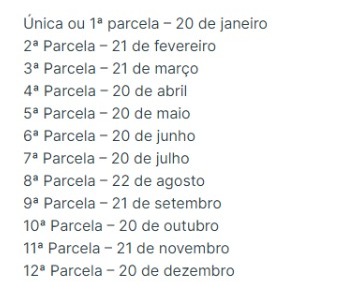 Tabela de datas do pagamento das parcelas do IPTU de Goiânia.