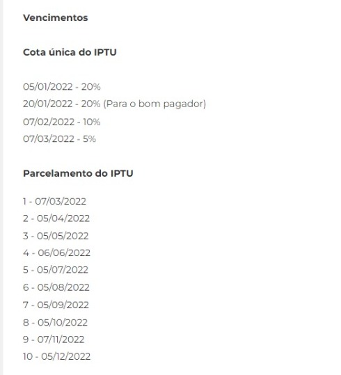 Tabela de datas do pagamento das parcelas do IPTU de Florianópolis.