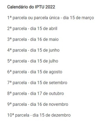 Tabela de datas do pagamento das parcelas do IPTU de Palmas .