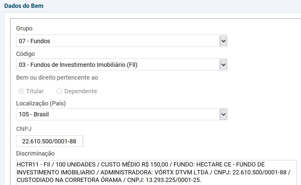 captura de tela do programa IRPF 2022, mostrando como declarar fundos de investimento imobiliário no imposto de renda