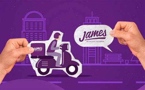 Publicidade da James delivery com entregador em moto