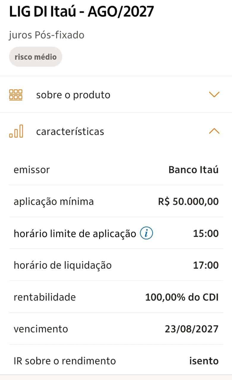 Letra Imobiliária Garantida (LIG) disponível na plataforma do Banco Itaú