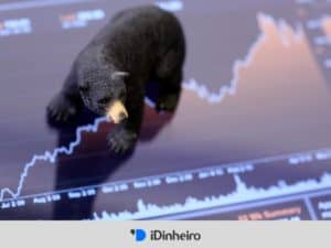 urso de brinquedo sobre uma tela que mostra um gráfico, representativo do bear market