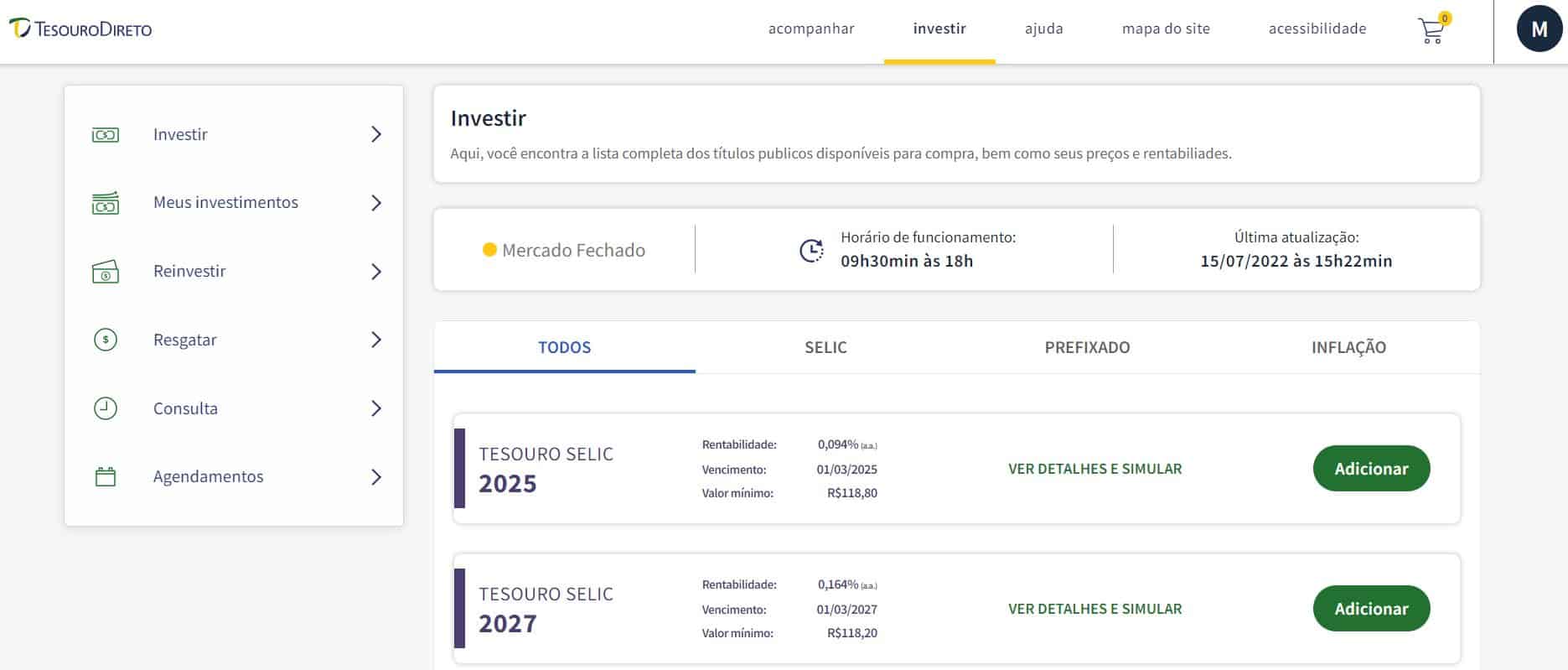 captura de tela do portal do investidor mostrando os títulos disponíveis para investimento