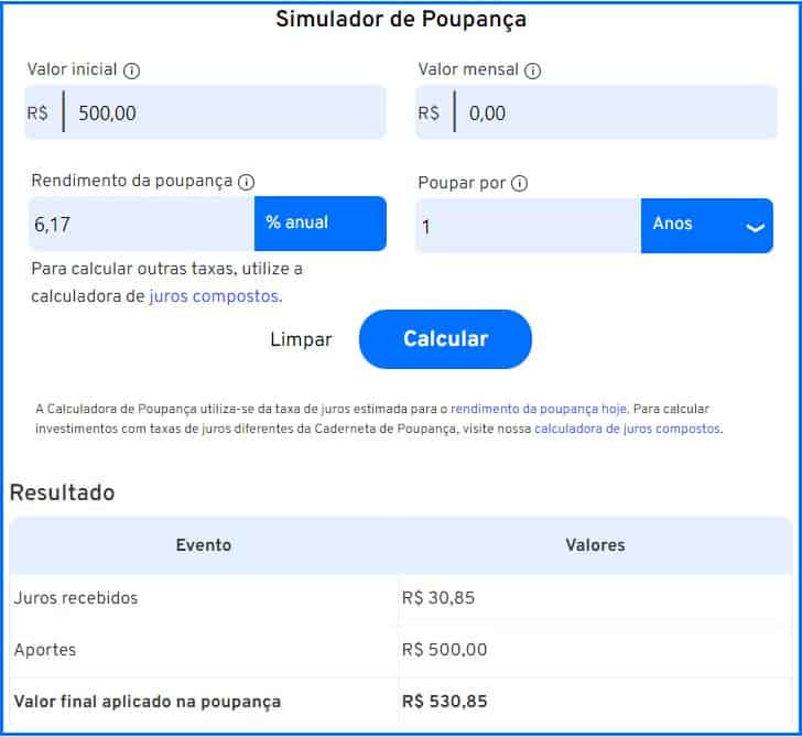 Exemplo de quanto rende 500 reais na poupança por 1 ano.