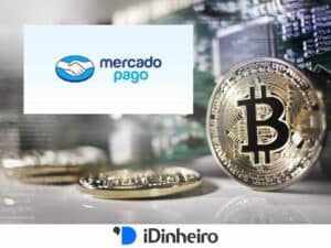 moedas com símbolo do bitcoin e logo oficial do mercado pago