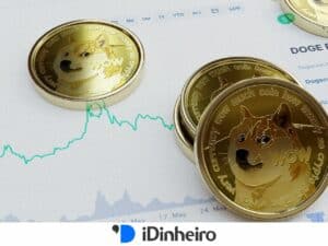 moedas dogecoin douradas sobre gráfico de evolução de mercado