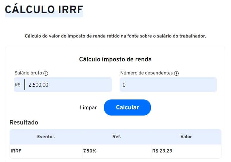 Exemplo de cálculo na Calculadora iDinheiro de Imposto de Renda Retido na Fonte 