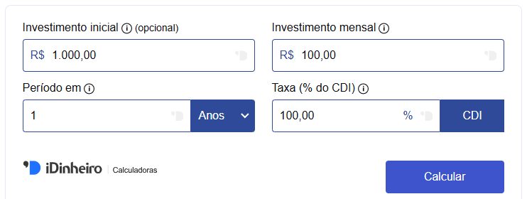 captura de tela da calculadora de investimento CDI com simulação de 1 mil reais