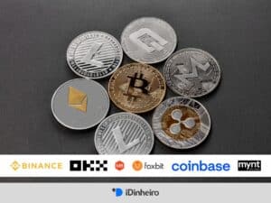 diversas criptomoedas ao fundo e logos de algumas das melhores corretoras à frente