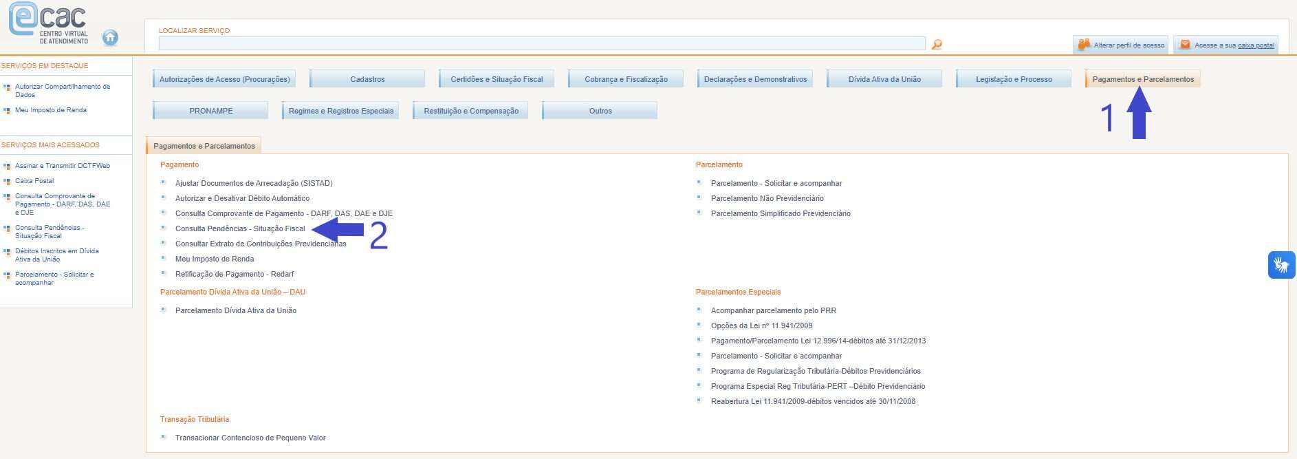 Captura de tela do Portal e-CAC para consultar DARF em atraso.