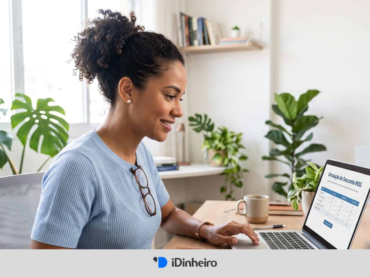 Uma mulher usa uma calculadora de INSS em um notebook