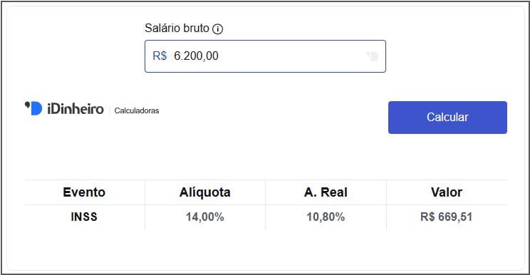 Cálculo do INSS sobre um salário bruto de R$ 6.200. O resultado é de R$ 669,51 de desconto.