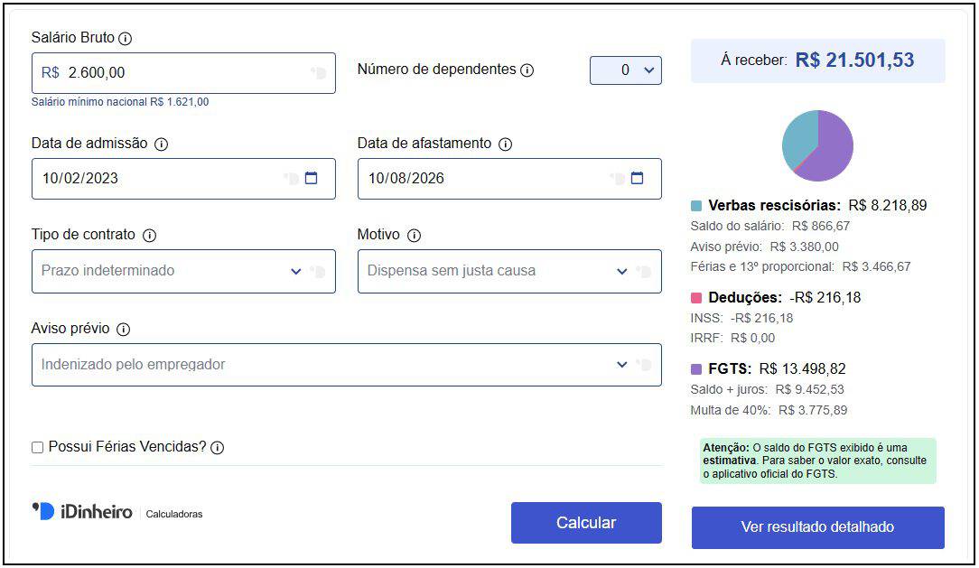 Captura de tela mostrando exemplo de cálculo de rescisão para um salário de R$ 2.600, usando a calculadora do iDinheiro