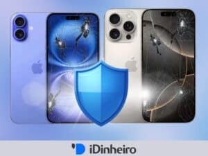 dois modelos de iphone 16 com a tela quebrada e um escudo sobre eles representando o seguro iphone 16